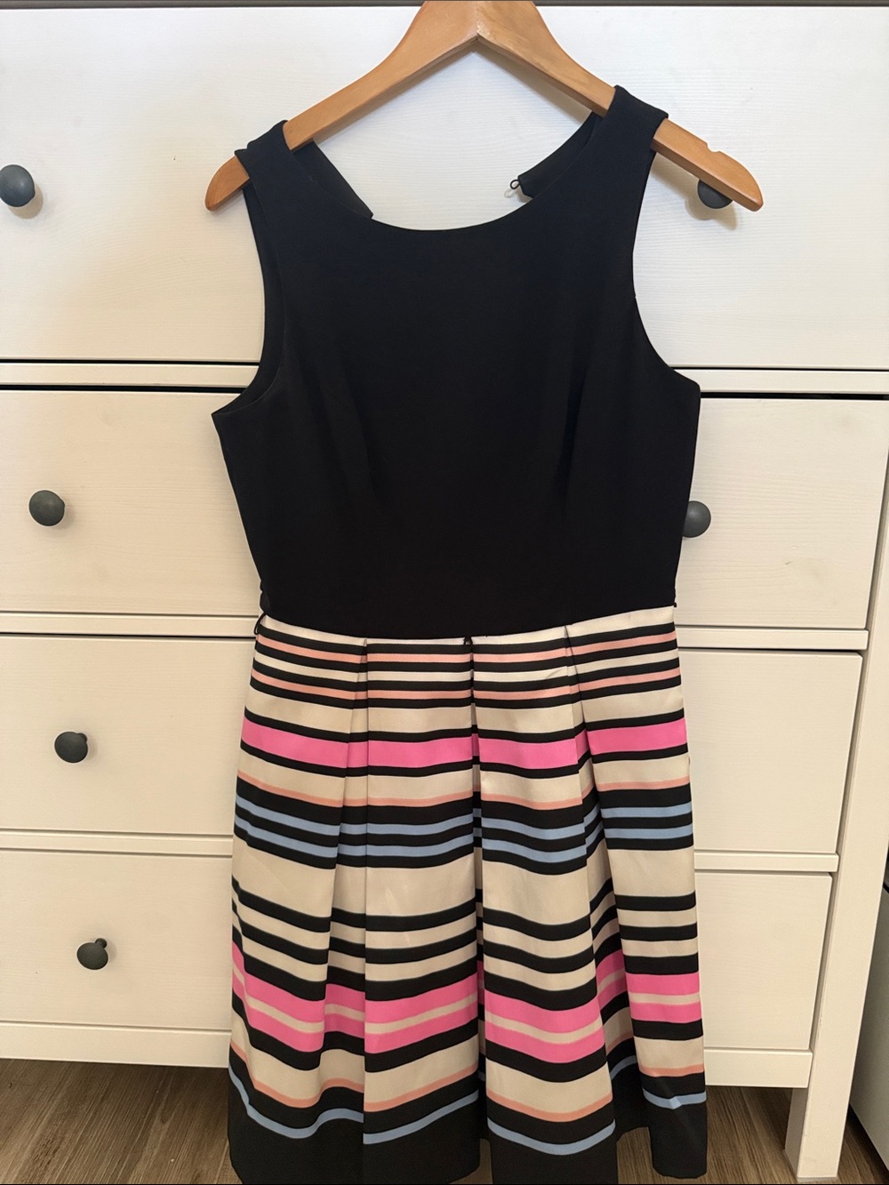 Eliza J Black Bodice Midi Dress with Pink & Blue Striped Skirt